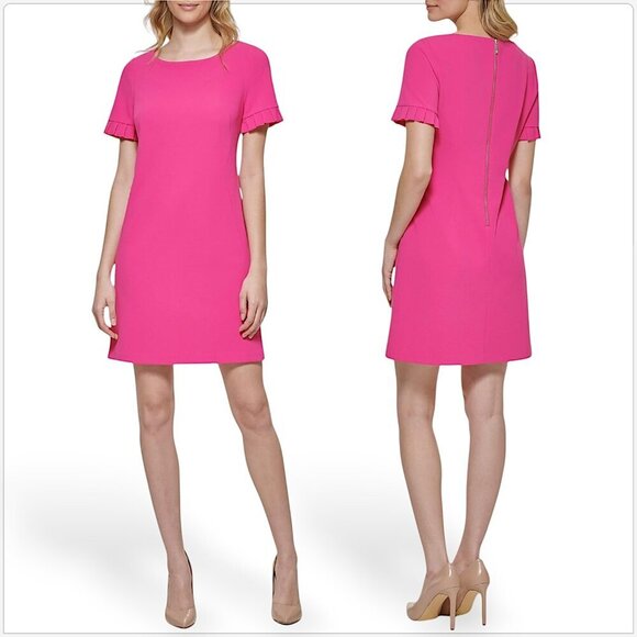 Tommy Hilfiger Hot Pink Scuba Crepe Ruffle Sleeve Stretch Dress Summer NWT New 8 - Picture 1 of 5